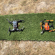 Two FPV drones sitting on some astroturf, waiting to take off.